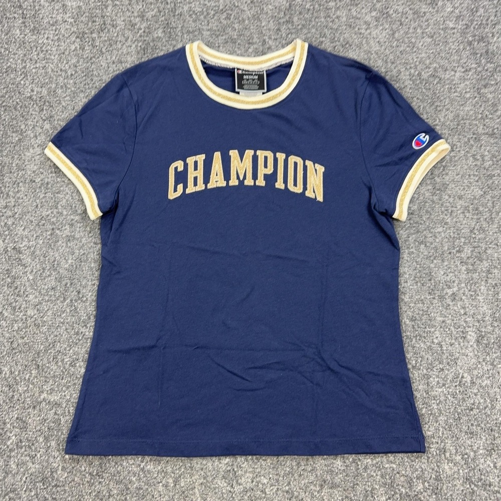 Champion Shirt Womens M Blue Ringer Crew Neck Short Sleeve Glitter Logo Tee Top
